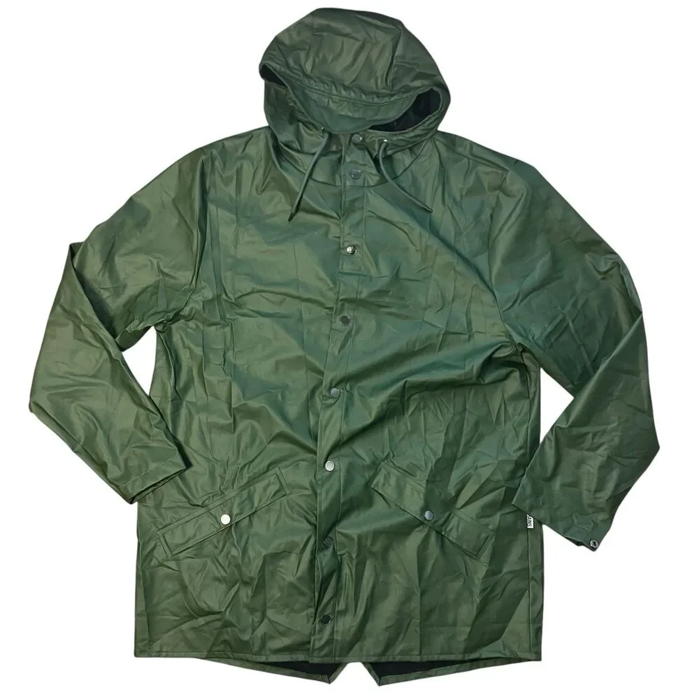 Rains Jacket Men’s XL Green Waterproof‎ Hooded Raincoat Snap Button Travel City